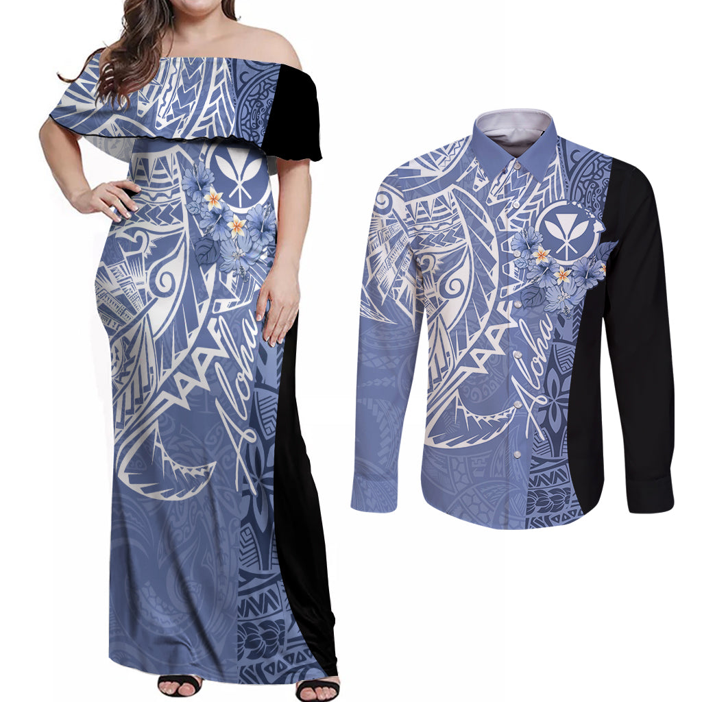 Aloha Vintage Hawaii Tribal Couples Matching Off Shoulder Maxi Dress and Long Sleeve Button Shirt Blue Style LT9 Blue - Polynesian Pride