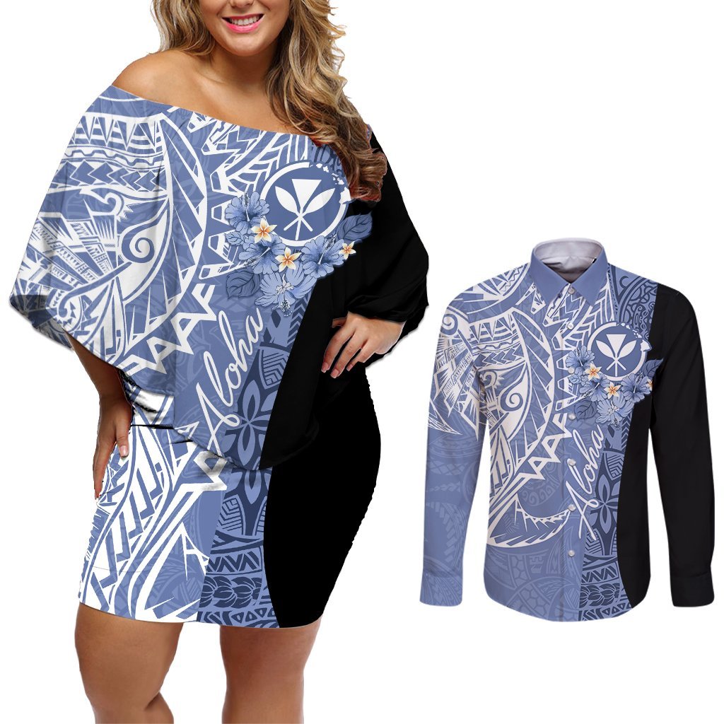Aloha Vintage Hawaii Tribal Couples Matching Off Shoulder Short Dress and Long Sleeve Button Shirt Blue Style LT9 Blue - Polynesian Pride