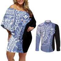 Aloha Vintage Hawaii Tribal Couples Matching Off Shoulder Short Dress and Long Sleeve Button Shirt Blue Style LT9 Blue - Polynesian Pride