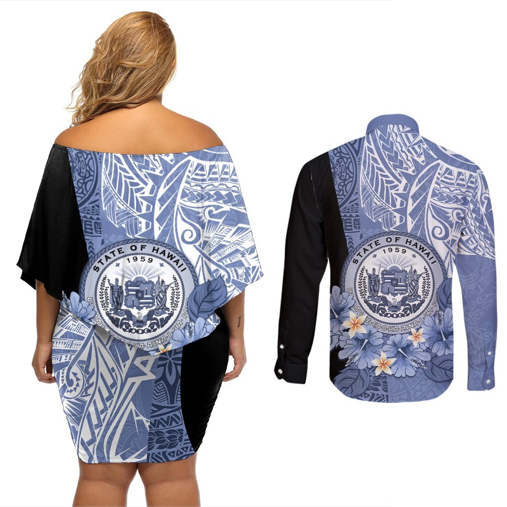 Aloha Vintage Hawaii Tribal Couples Matching Off Shoulder Short Dress and Long Sleeve Button Shirt Blue Style LT9 - Polynesian Pride