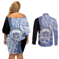 Aloha Vintage Hawaii Tribal Couples Matching Off Shoulder Short Dress and Long Sleeve Button Shirt Blue Style LT9 - Polynesian Pride