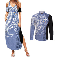 Aloha Vintage Hawaii Tribal Couples Matching Summer Maxi Dress and Long Sleeve Button Shirt Blue Style LT9 Blue - Polynesian Pride