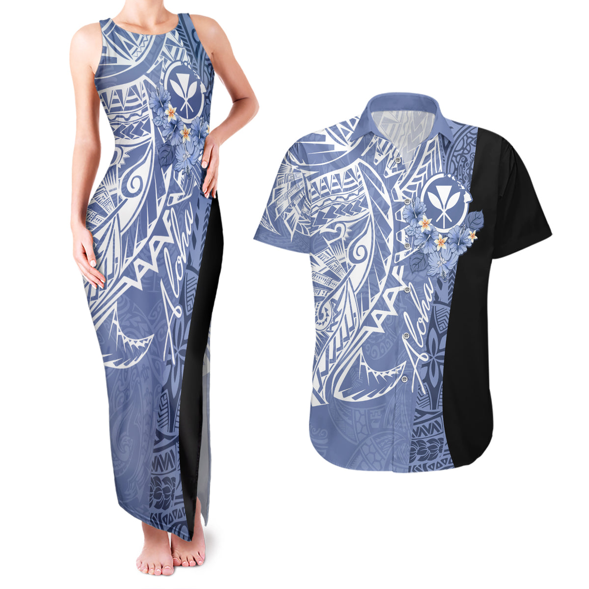 Aloha Vintage Hawaii Tribal Couples Matching Tank Maxi Dress and Hawaiian Shirt Blue Style LT9 Blue - Polynesian Pride