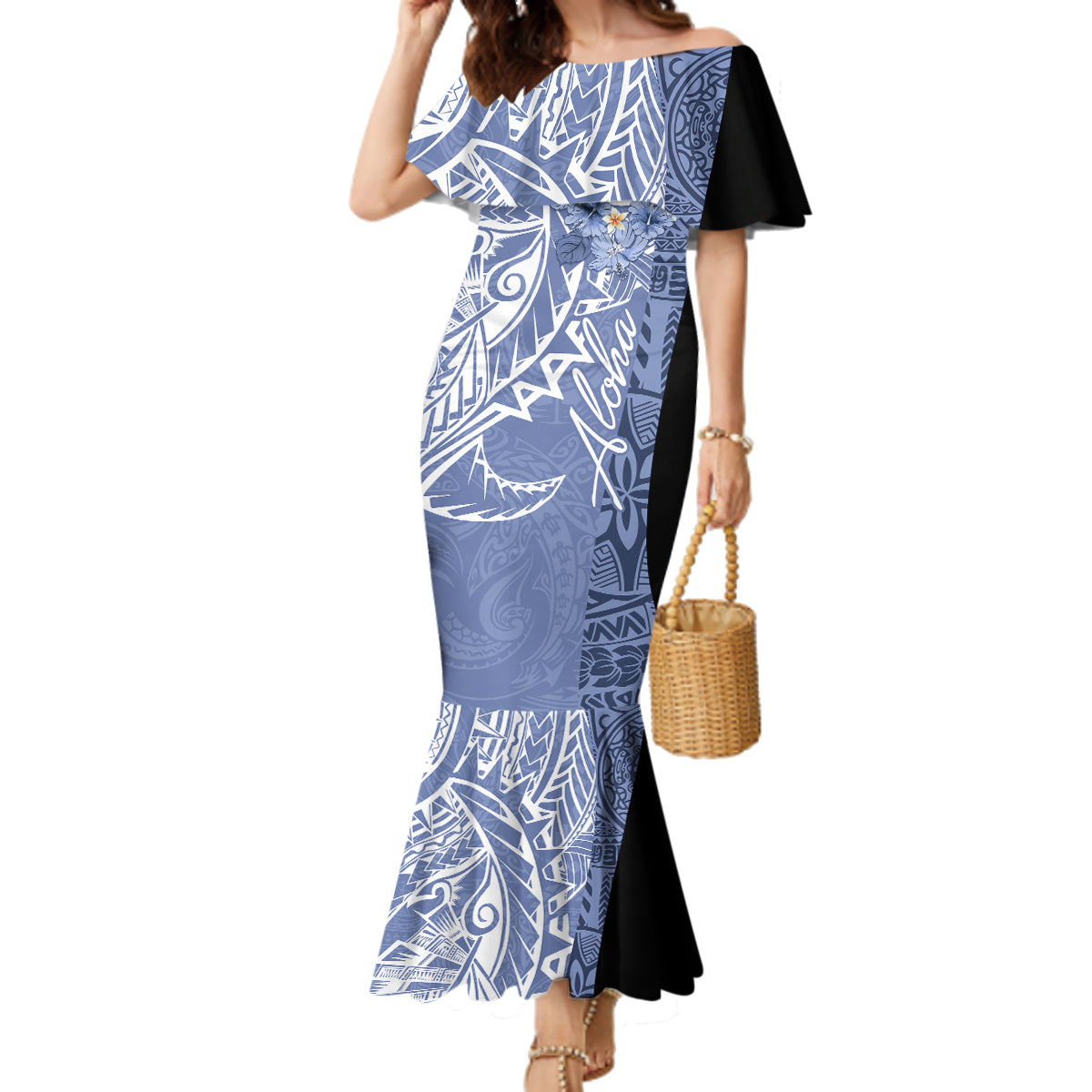 Aloha Vintage Hawaii Tribal Family Matching Mermaid Dress and Hawaiian Shirt Blue Style LT9 Mom's Dress Blue - Polynesian Pride