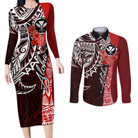 Aloha Vintage Hawaii Tribal Couples Matching Long Sleeve Bodycon Dress and Long Sleeve Button Shirt Red Style LT9 Red - Polynesian Pride