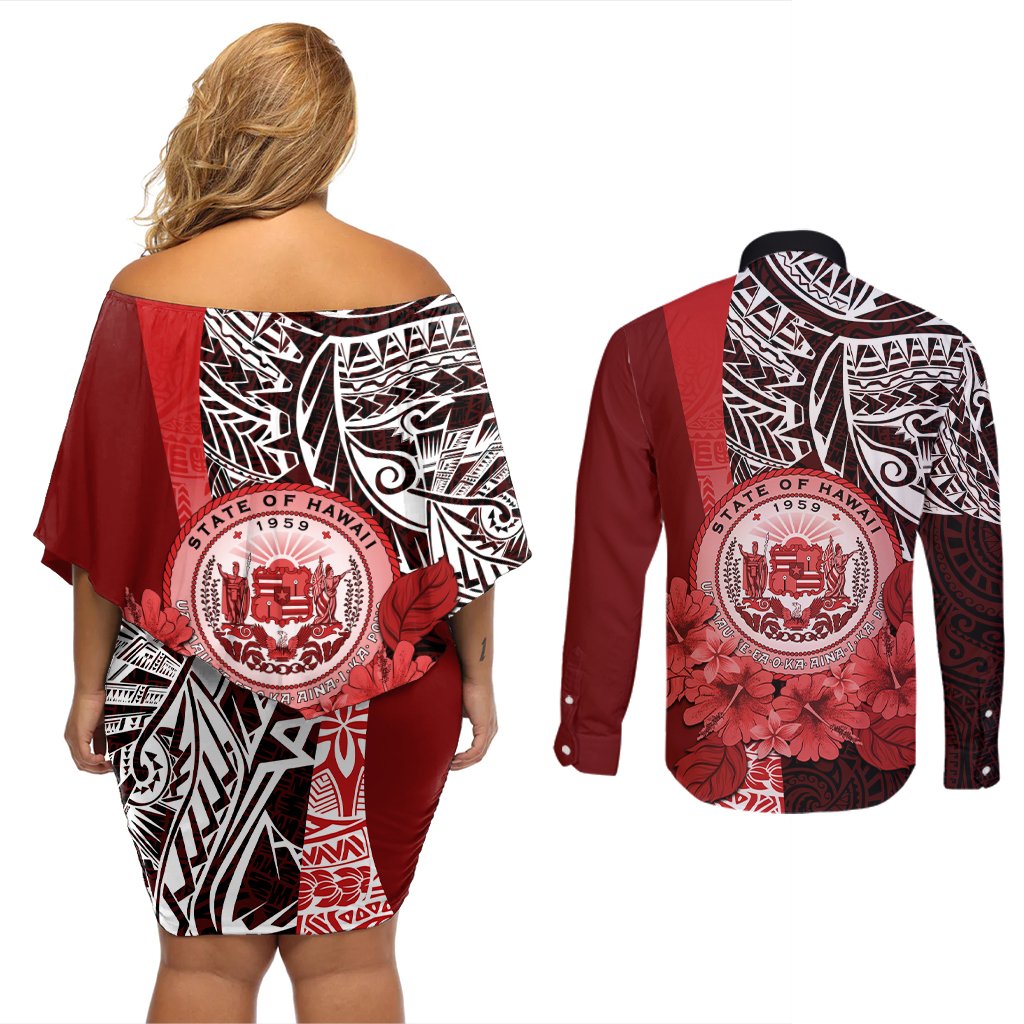 Aloha Vintage Hawaii Tribal Couples Matching Off Shoulder Short Dress and Long Sleeve Button Shirt Red Style LT9 - Polynesian Pride