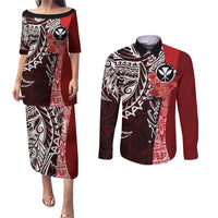 Aloha Vintage Hawaii Tribal Couples Matching Puletasi Dress and Long Sleeve Button Shirt Red Style LT9 Red - Polynesian Pride