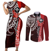 Aloha Vintage Hawaii Tribal Couples Matching Short Sleeve Bodycon Dress and Long Sleeve Button Shirt Red Style LT9 Red - Polynesian Pride