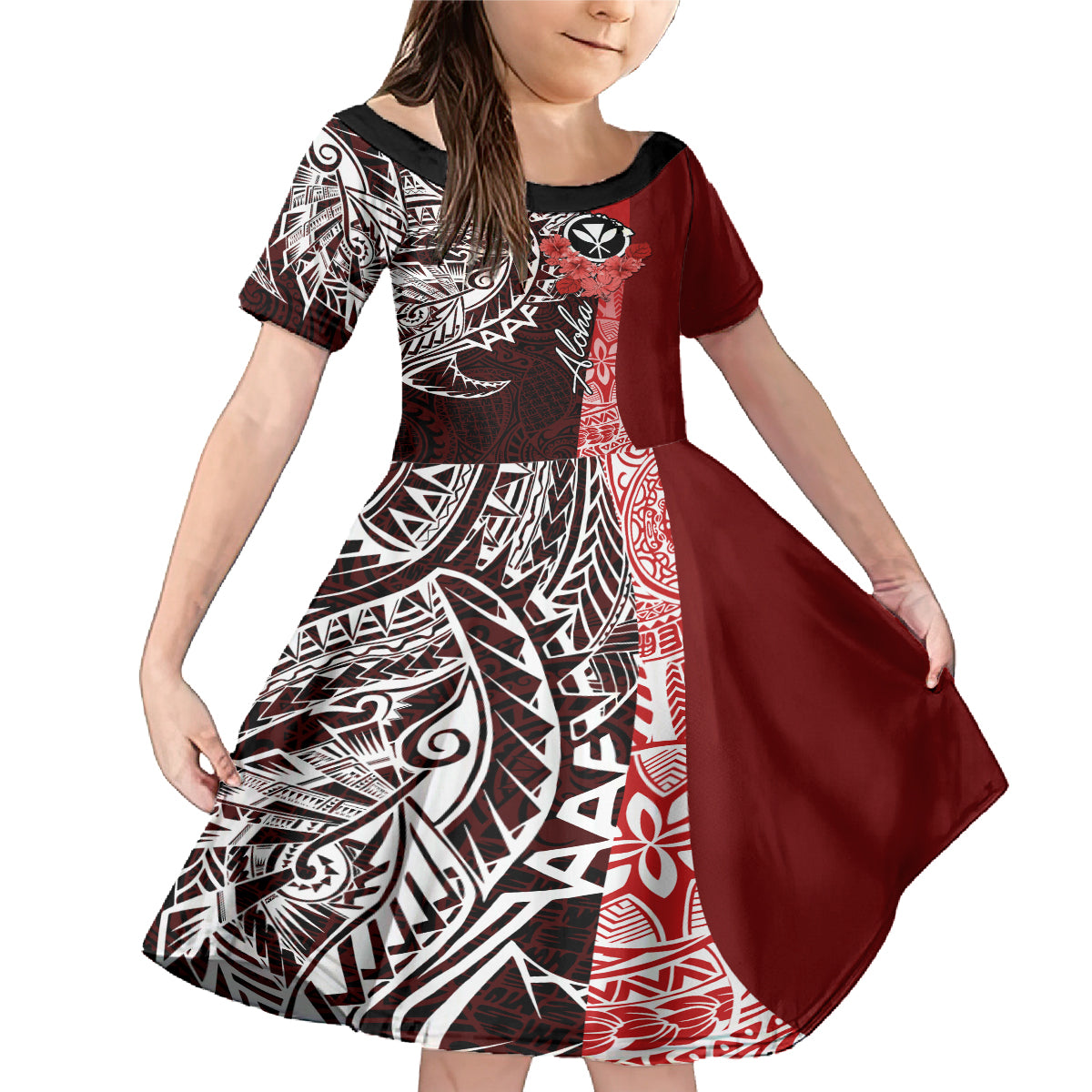 Aloha Vintage Hawaii Tribal Family Matching Mermaid Dress and Hawaiian Shirt Red Style LT9 Daughter's Dress Red - Polynesian Pride