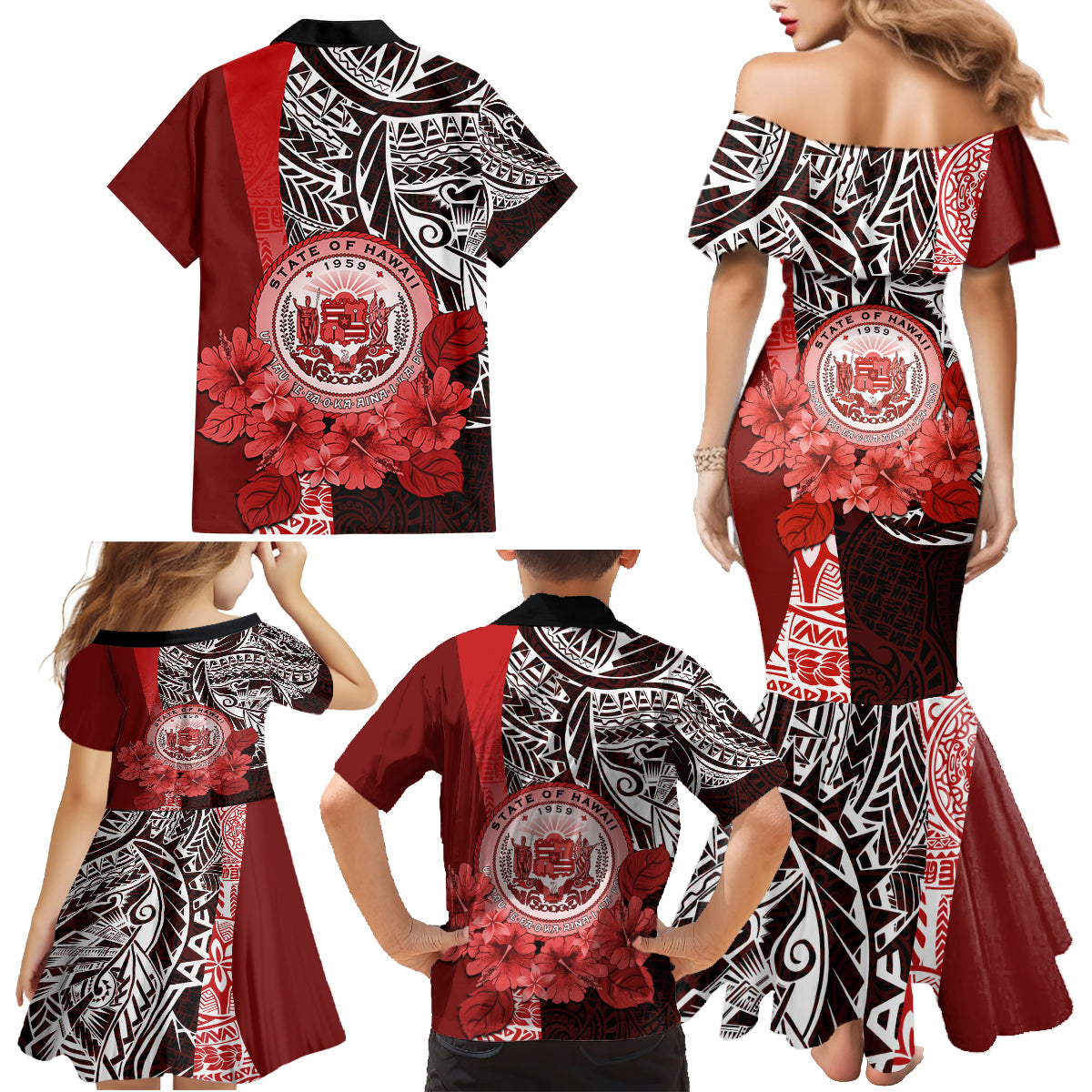 Aloha Vintage Hawaii Tribal Family Matching Mermaid Dress and Hawaiian Shirt Red Style LT9 - Polynesian Pride
