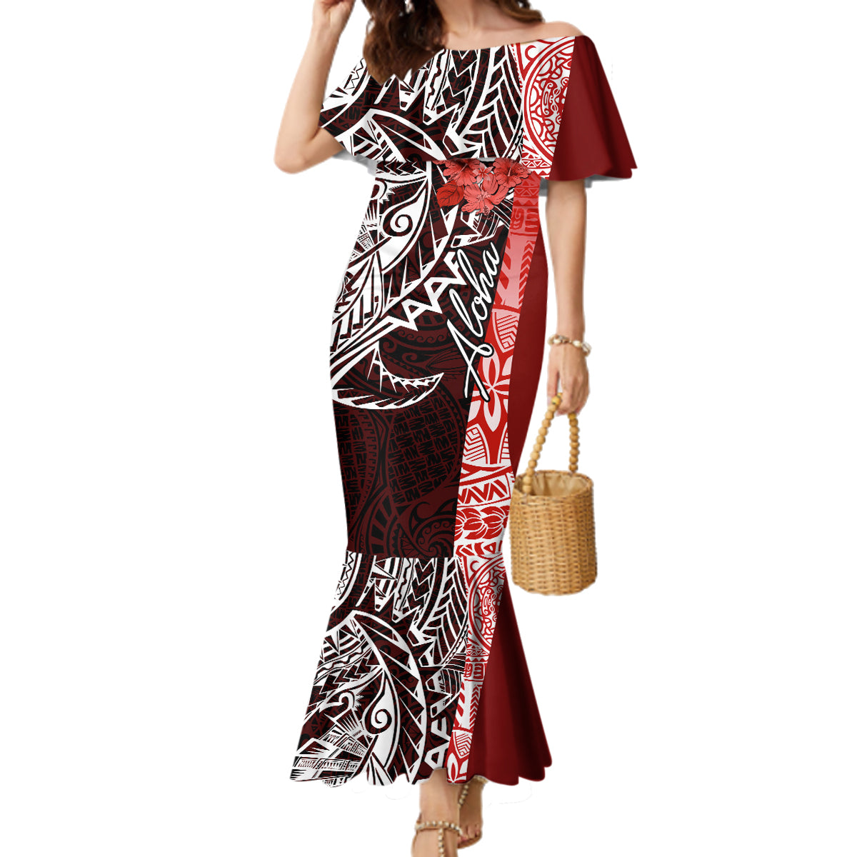 Aloha Vintage Hawaii Tribal Family Matching Mermaid Dress and Hawaiian Shirt Red Style LT9 Mom's Dress Red - Polynesian Pride