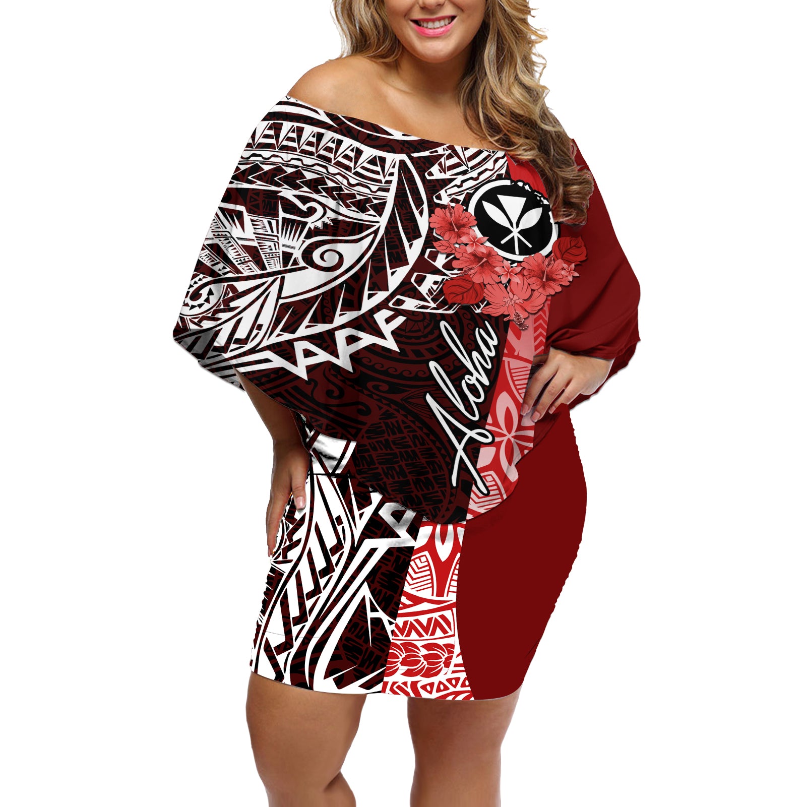 Aloha Vintage Hawaii Tribal Off Shoulder Short Dress Red Style LT9 Women Red - Polynesian Pride