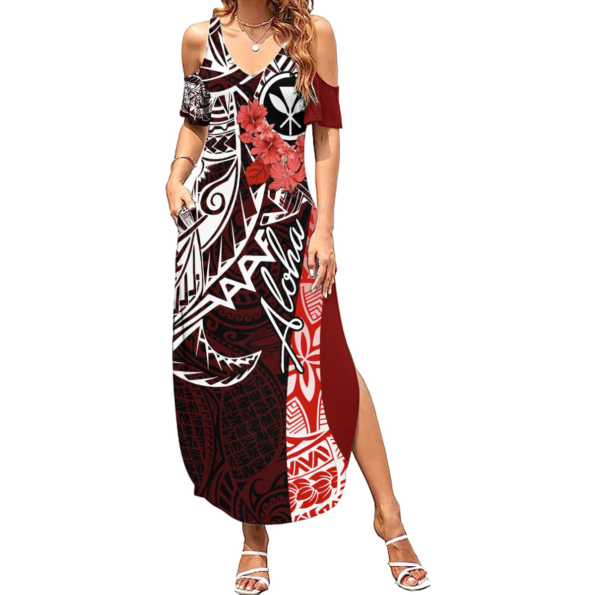 Aloha Vintage Hawaii Tribal Summer Maxi Dress Red Style LT9 Women Red - Polynesian Pride