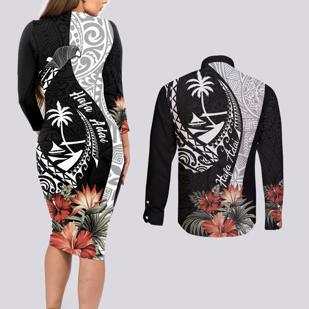 Hafa Adai Guam Couples Matching Long Sleeve Bodycon Dress and Long Sleeve Button Shirt Tropical Flowers with Polynesian Pattern LT9 - Polynesian Pride