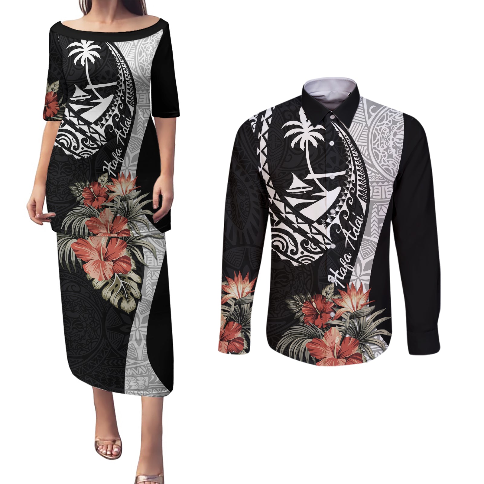 Hafa Adai Guam Couples Matching Puletasi Dress and Long Sleeve Button Shirt Tropical Flowers with Polynesian Pattern LT9 Black - Polynesian Pride