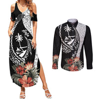 Hafa Adai Guam Couples Matching Summer Maxi Dress and Long Sleeve Button Shirt Tropical Flowers with Polynesian Pattern LT9 Black - Polynesian Pride