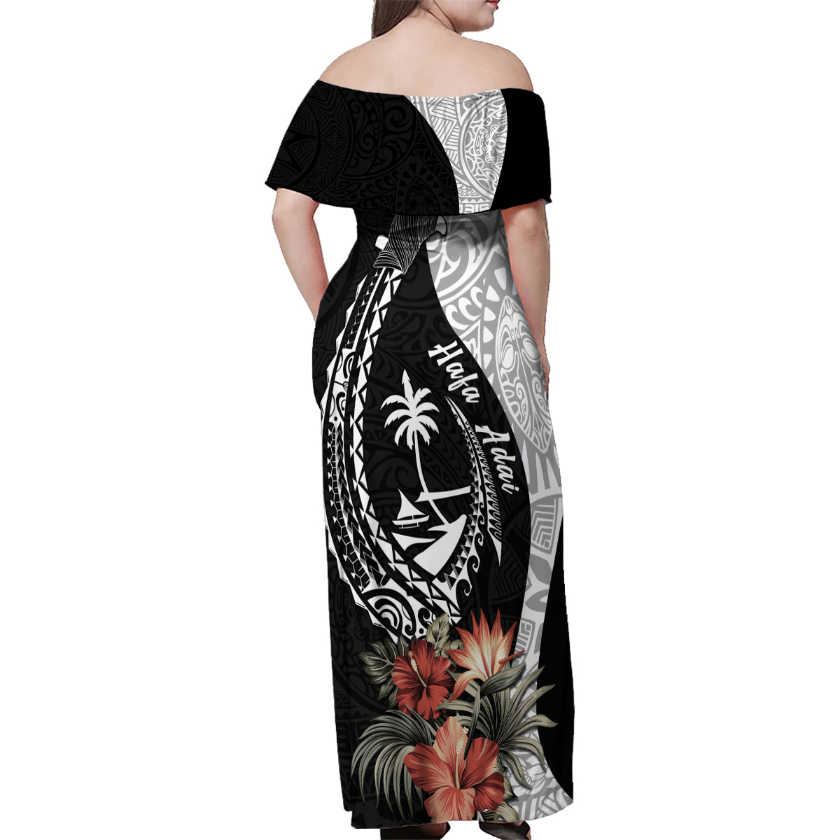 Hafa Adai Guam Family Matching Off Shoulder Maxi Dress and Hawaiian Shirt Tropical Flowers with Polynesian Pattern LT9 - Polynesian Pride