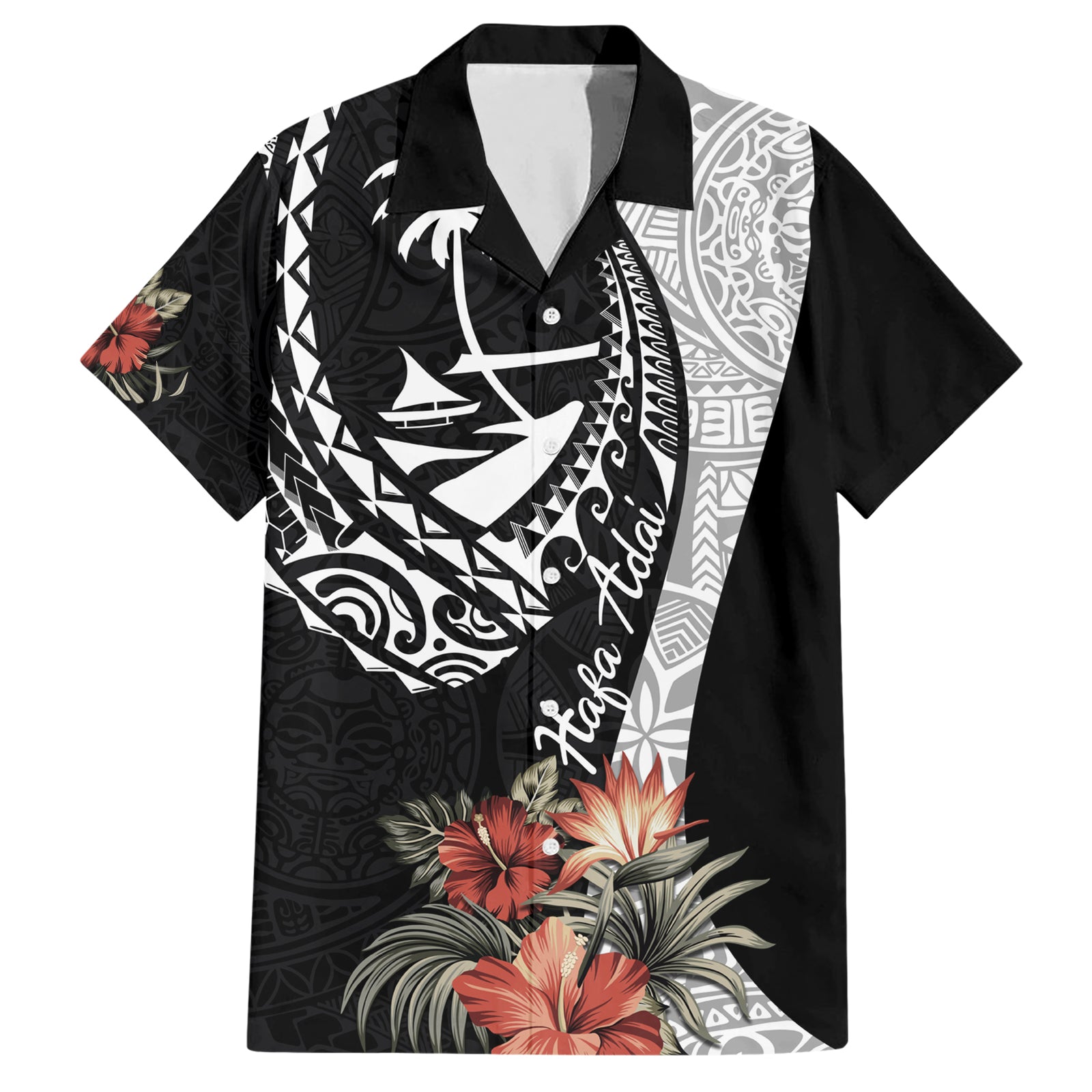 Hafa Adai Guam Hawaiian Shirt Tropical Flowers with Polynesian Pattern LT9 Black - Polynesian Pride