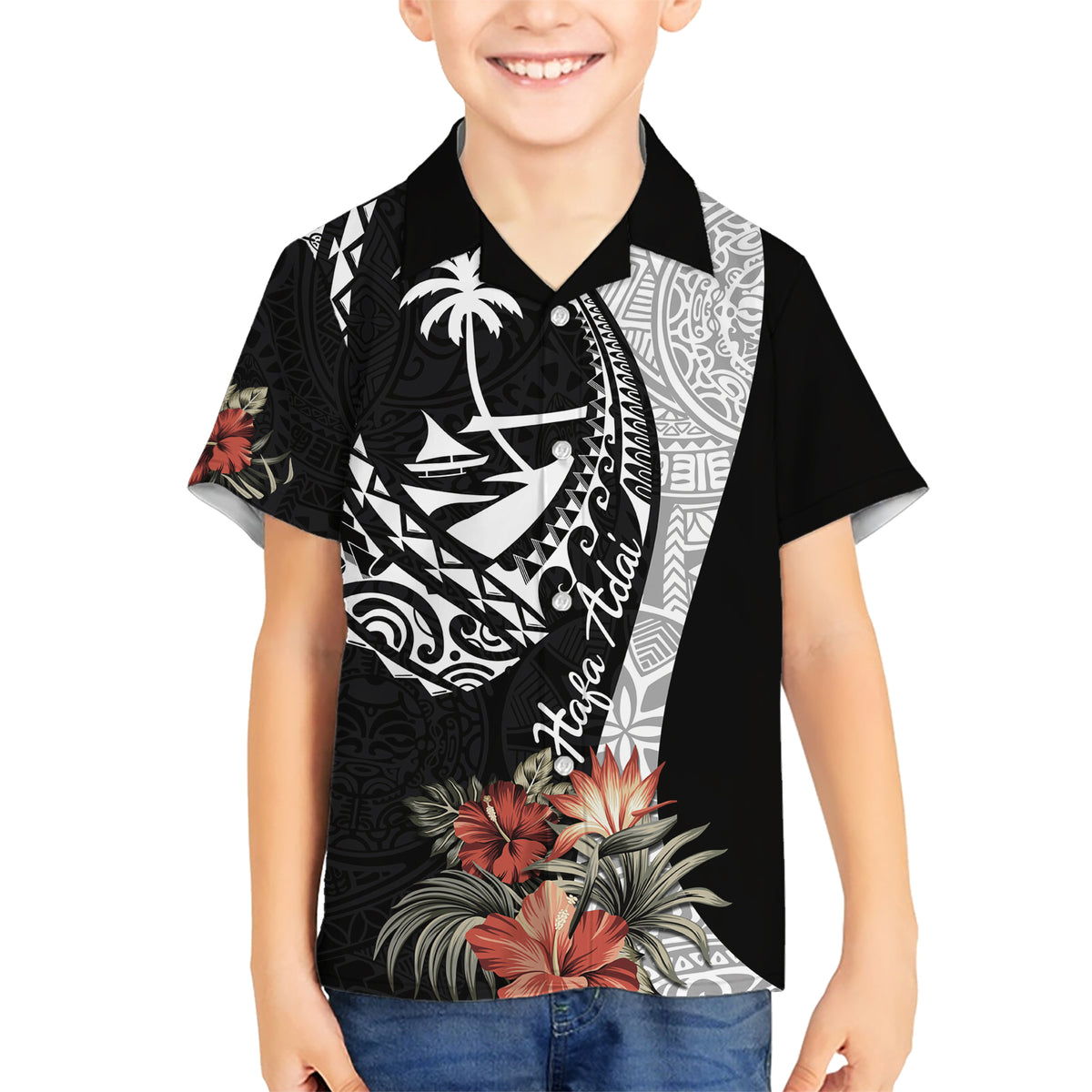 Hafa Adai Guam Kid Hawaiian Shirt Tropical Flowers with Polynesian Pattern LT9 Kid Black - Polynesian Pride