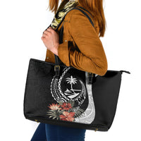 Hafa Adai Guam Leather Tote Bag Tropical Flowers with Polynesian Pattern LT9 Black - Polynesian Pride