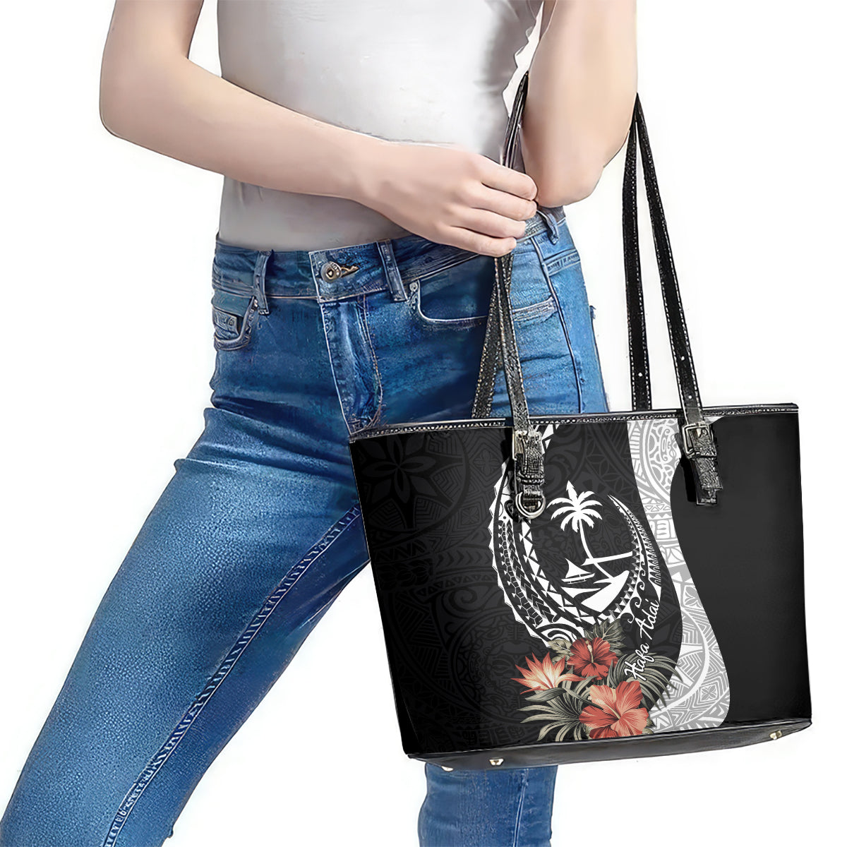 Hafa Adai Guam Leather Tote Bag Tropical Flowers with Polynesian Pattern LT9 - Polynesian Pride