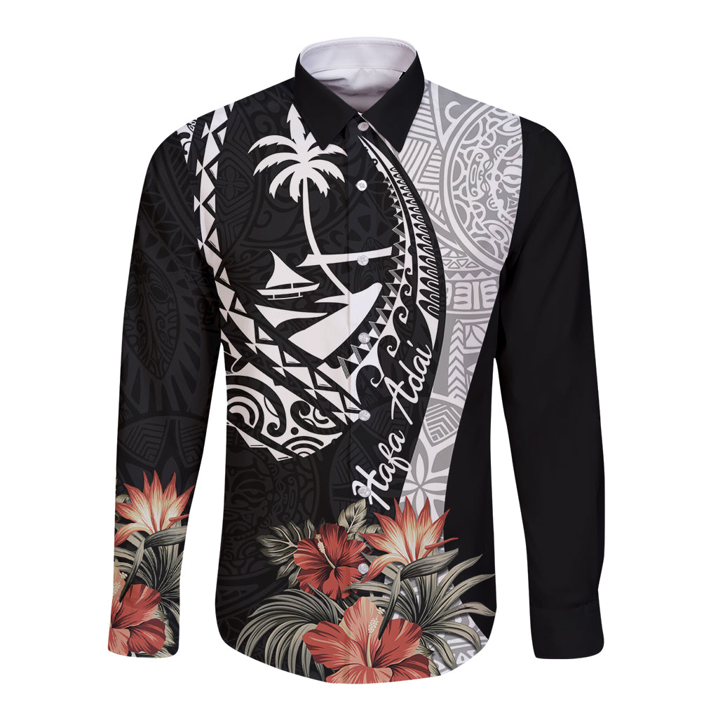 Hafa Adai Guam Long Sleeve Button Shirt Tropical Flowers with Polynesian Pattern LT9 Unisex Black - Polynesian Pride