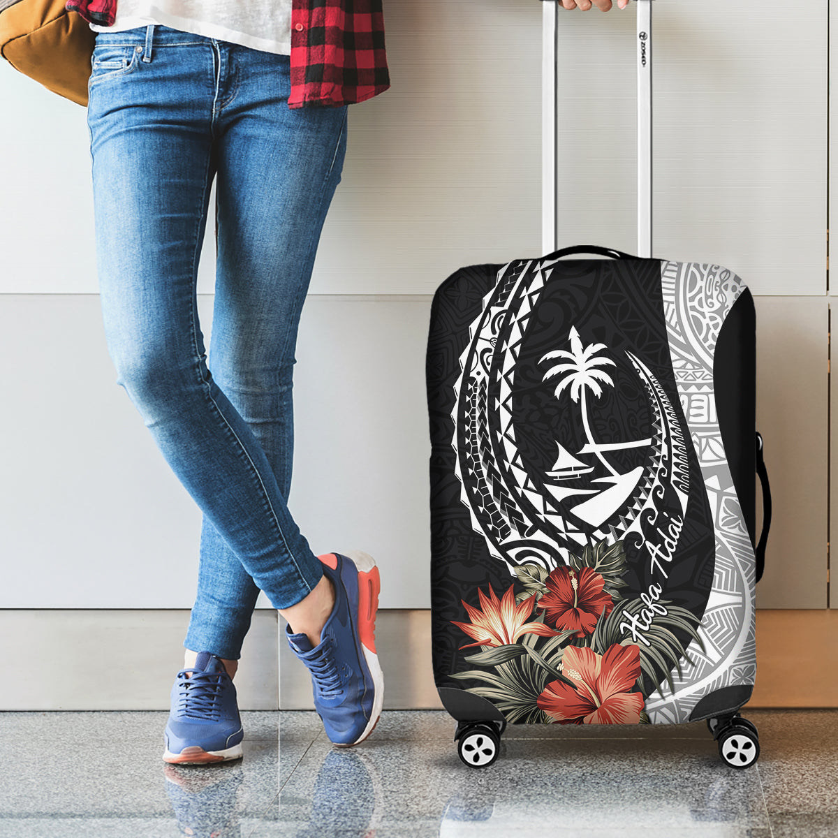 Hafa Adai Guam Luggage Cover Tropical Flowers with Polynesian Pattern LT9 - Polynesian Pride