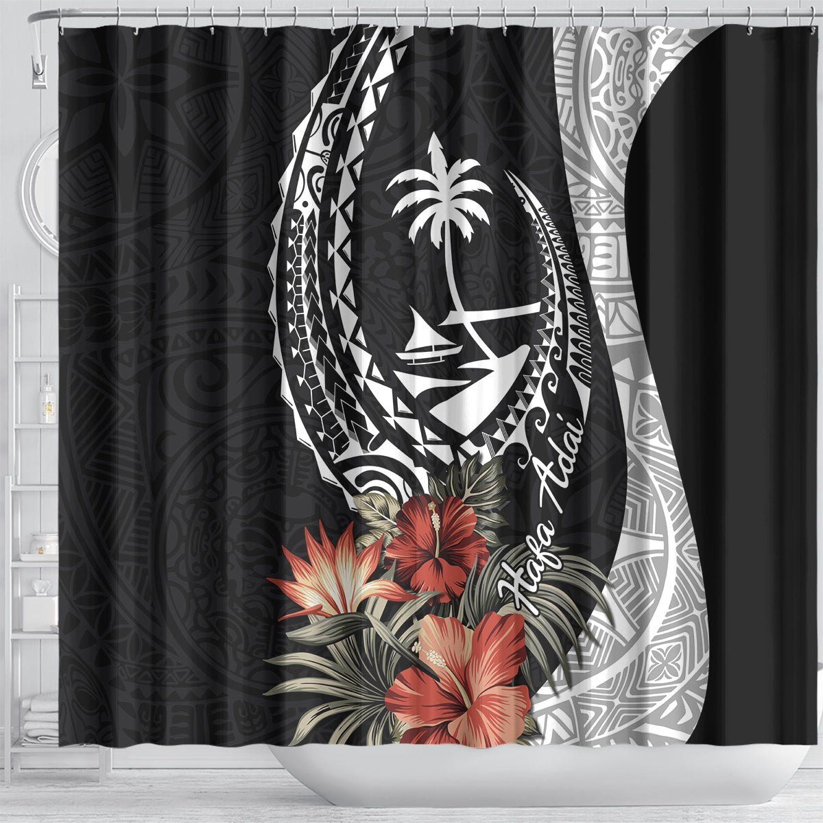 Hafa Adai Guam Shower Curtain Tropical Flowers with Polynesian Pattern LT9 - Polynesian Pride