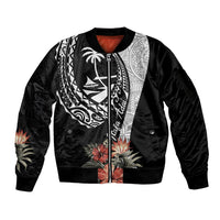Hafa Adai Guam Sleeve Zip Bomber Jacket Tropical Flowers with Polynesian Pattern LT9 Unisex Black - Polynesian Pride