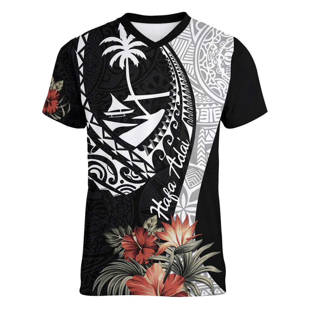 Hafa Adai Guam Women V Neck T Shirt Tropical Flowers with Polynesian Pattern LT9 Female Black - Polynesian Pride