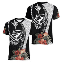 Hafa Adai Guam Women V Neck T Shirt Tropical Flowers with Polynesian Pattern LT9 - Polynesian Pride