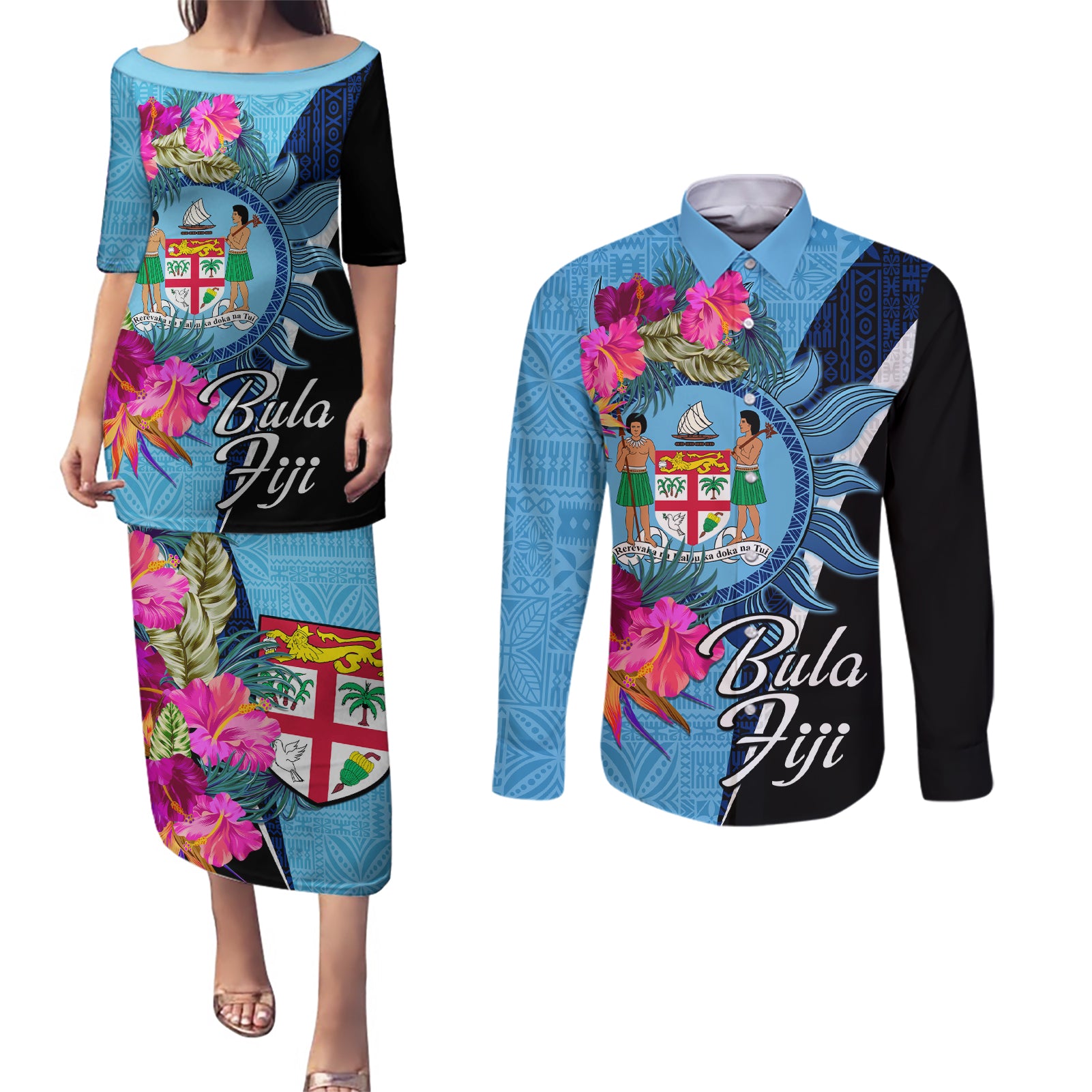 Bula Fiji Vintage Fijian Masi Pattern Couples Matching Puletasi Dress and Long Sleeve Button Shirt Blue Unique LT9 Blue - Polynesian Pride