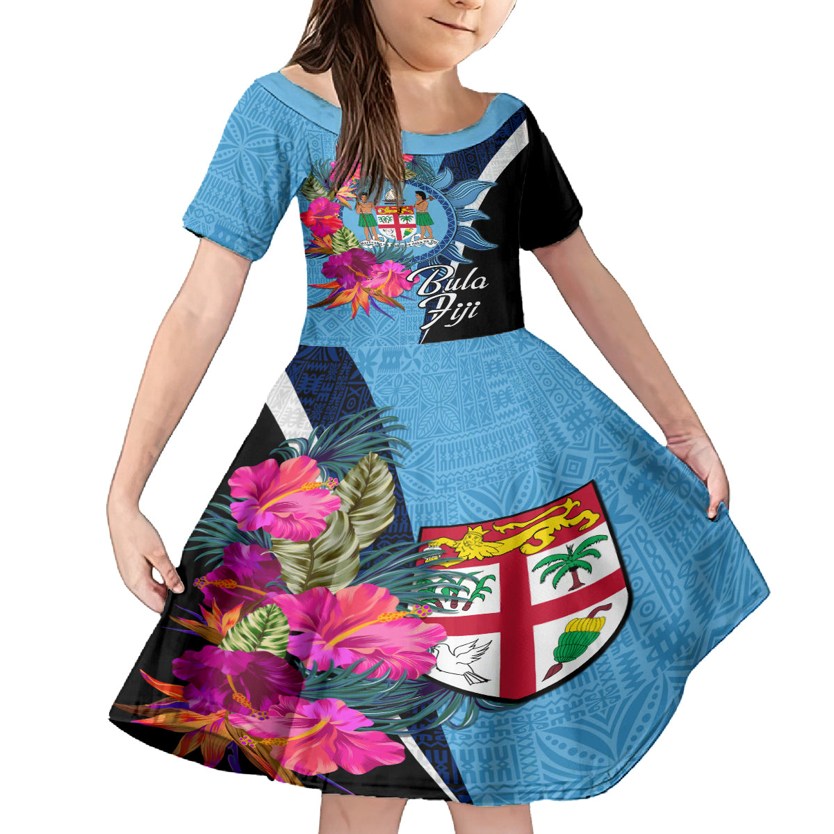 Bula Fiji Vintage Fijian Masi Pattern Family Matching Off Shoulder Long Sleeve Dress and Hawaiian Shirt Blue Unique LT9 Daughter's Dress Blue - Polynesian Pride