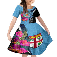 Bula Fiji Vintage Fijian Masi Pattern Family Matching Off Shoulder Short Dress and Hawaiian Shirt Blue Unique LT9 Daughter's Dress Blue - Polynesian Pride