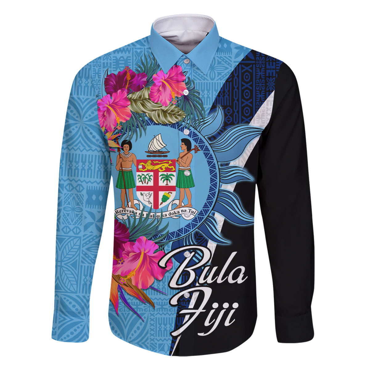 Bula Fiji Vintage Fijian Masi Pattern Family Matching Off Shoulder Short Dress and Hawaiian Shirt Blue Unique LT9 Dad's Shirt - Long Sleeve Blue - Polynesian Pride