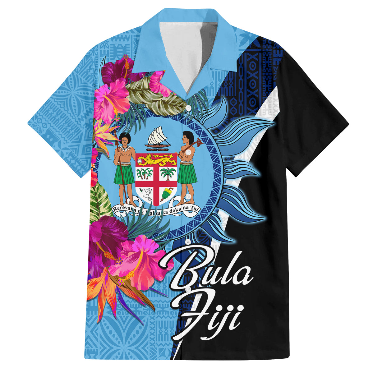 Bula Fiji Vintage Fijian Masi Pattern Family Matching Tank Maxi Dress and Hawaiian Shirt Blue Unique LT9 Dad's Shirt - Short Sleeve Blue - Polynesian Pride