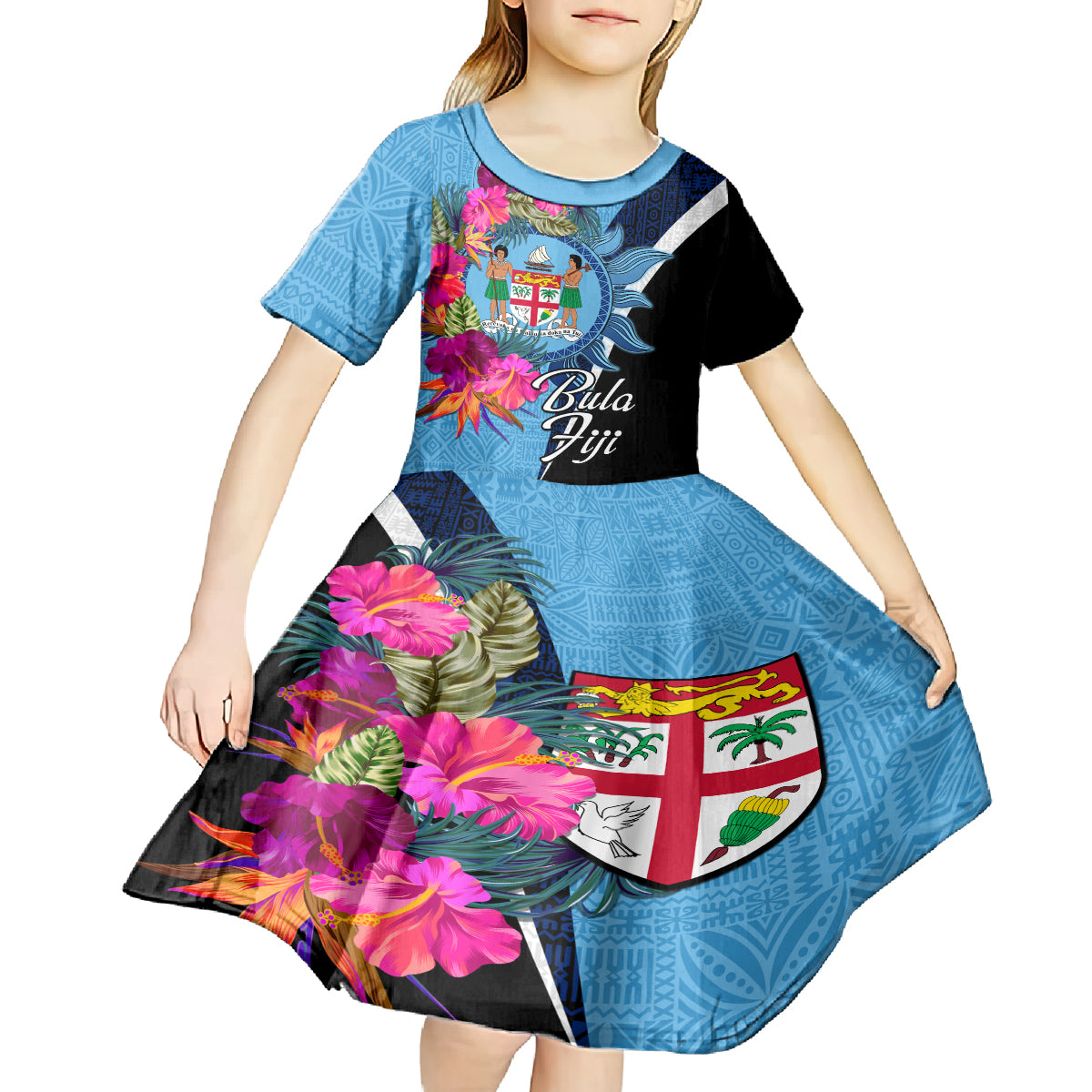 Bula Fiji Vintage Fijian Masi Pattern Kid Short Sleeve Dress Blue Unique LT9 - Polynesian Pride