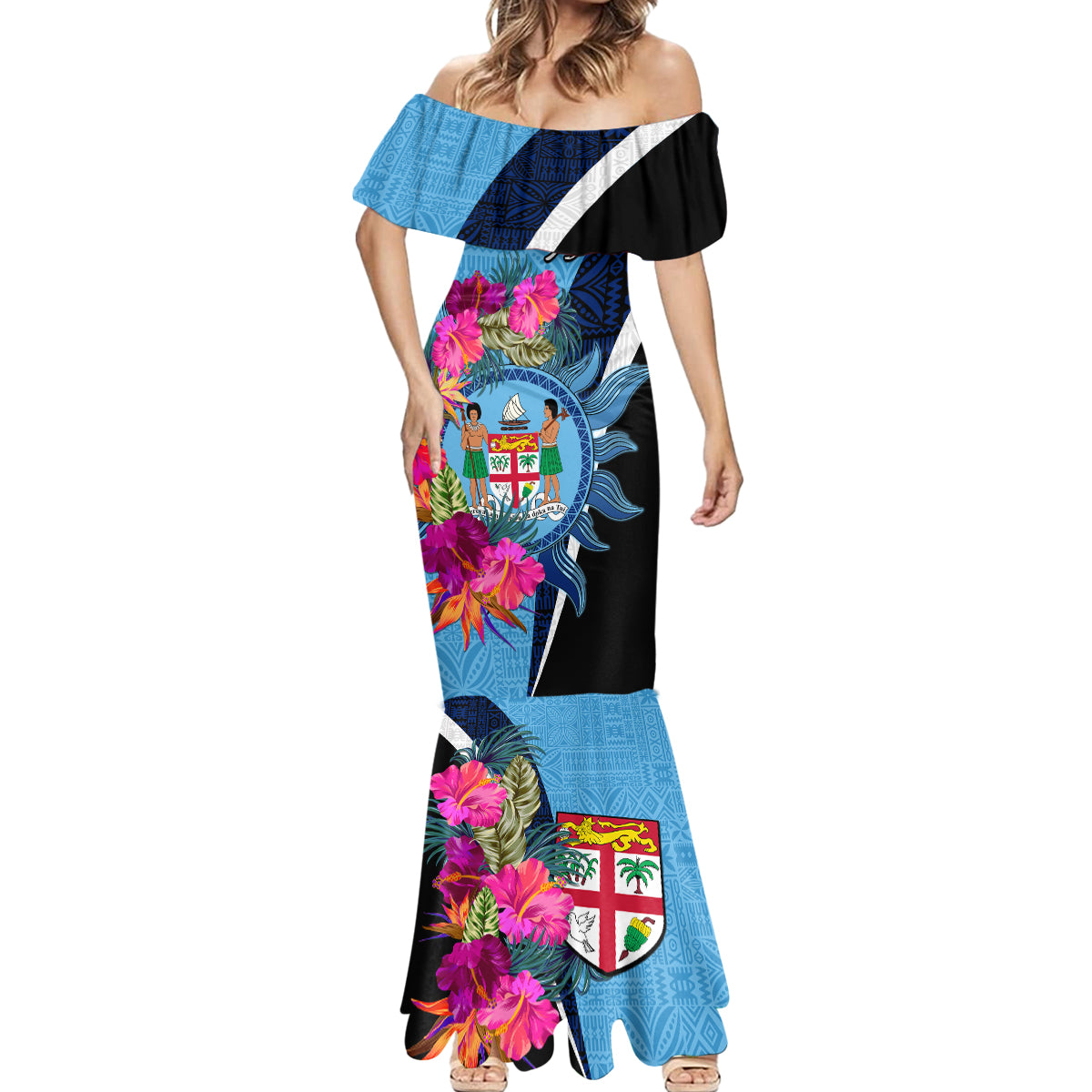 Bula Fiji Vintage Fijian Masi Pattern Mermaid Dress Blue Unique LT9 - Polynesian Pride