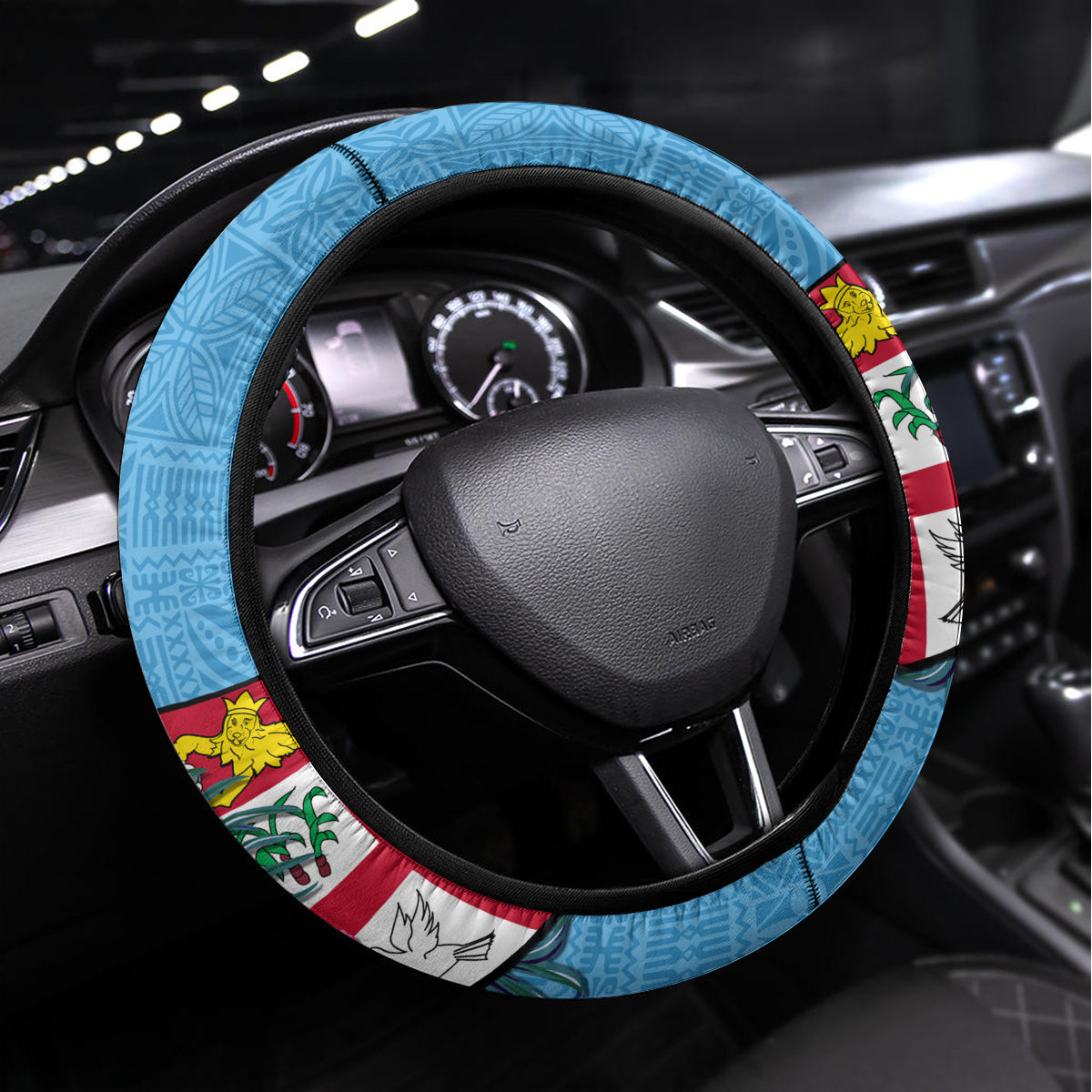 Bula Fiji Vintage Fijian Masi Pattern Steering Wheel Cover Blue Unique LT9 Universal Fit Blue - Polynesian Pride