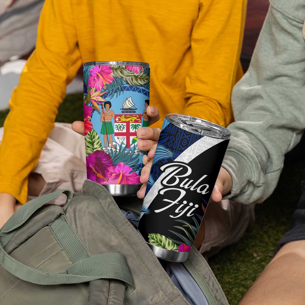 Bula Fiji Vintage Fijian Masi Pattern Tumbler Cup Blue Unique