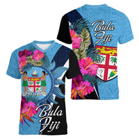 Bula Fiji Vintage Fijian Masi Pattern Women V Neck T Shirt Blue Unique LT9 - Polynesian Pride