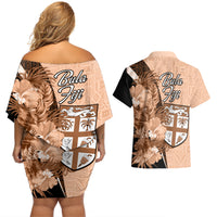 Bula Fiji Vintage Fijian Masi Pattern Couples Matching Off Shoulder Short Dress and Hawaiian Shirt Peach Fuzz Unique LT9 - Polynesian Pride
