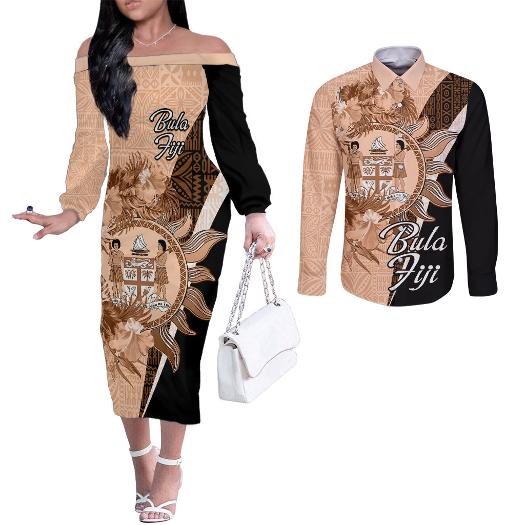 Bula Fiji Vintage Fijian Masi Pattern Couples Matching Off The Shoulder Long Sleeve Dress and Long Sleeve Button Shirt Peach Fuzz Unique LT9 Peach Fuzz - Polynesian Pride