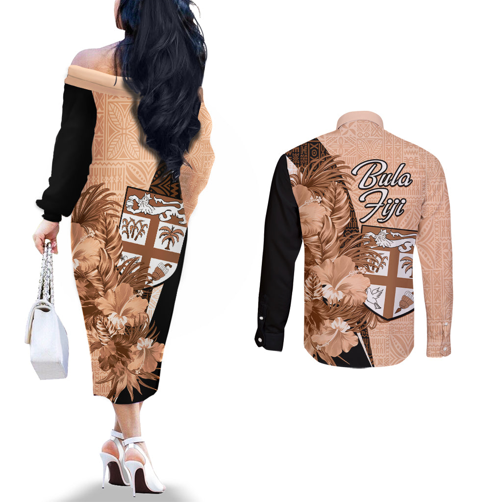 Bula Fiji Vintage Fijian Masi Pattern Couples Matching Off The Shoulder Long Sleeve Dress and Long Sleeve Button Shirt Peach Fuzz Unique LT9 - Polynesian Pride
