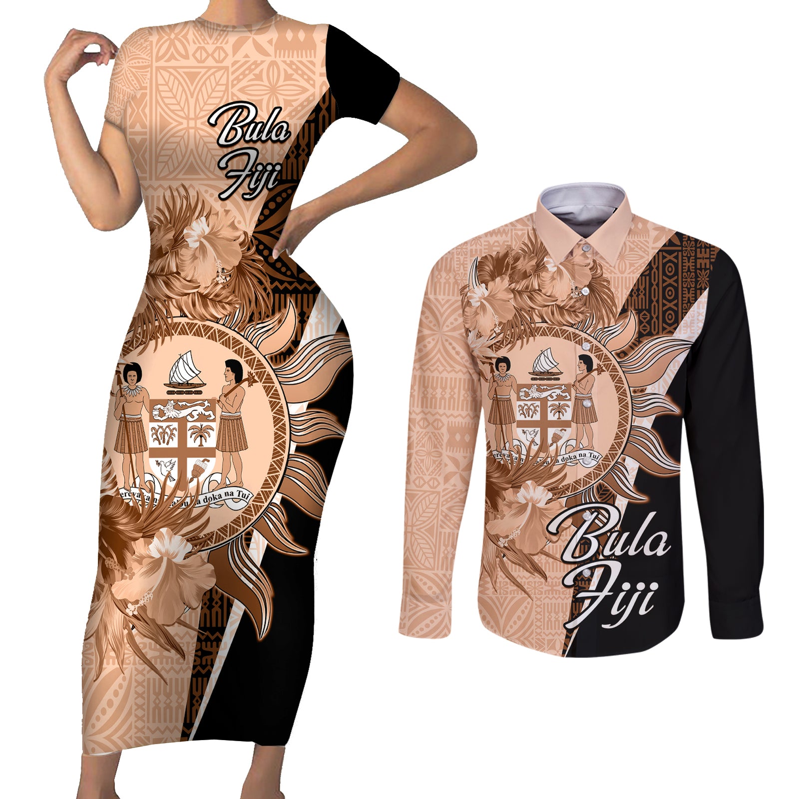 Bula Fiji Vintage Fijian Masi Pattern Couples Matching Short Sleeve Bodycon Dress and Long Sleeve Button Shirt Peach Fuzz Unique LT9 Peach Fuzz - Polynesian Pride