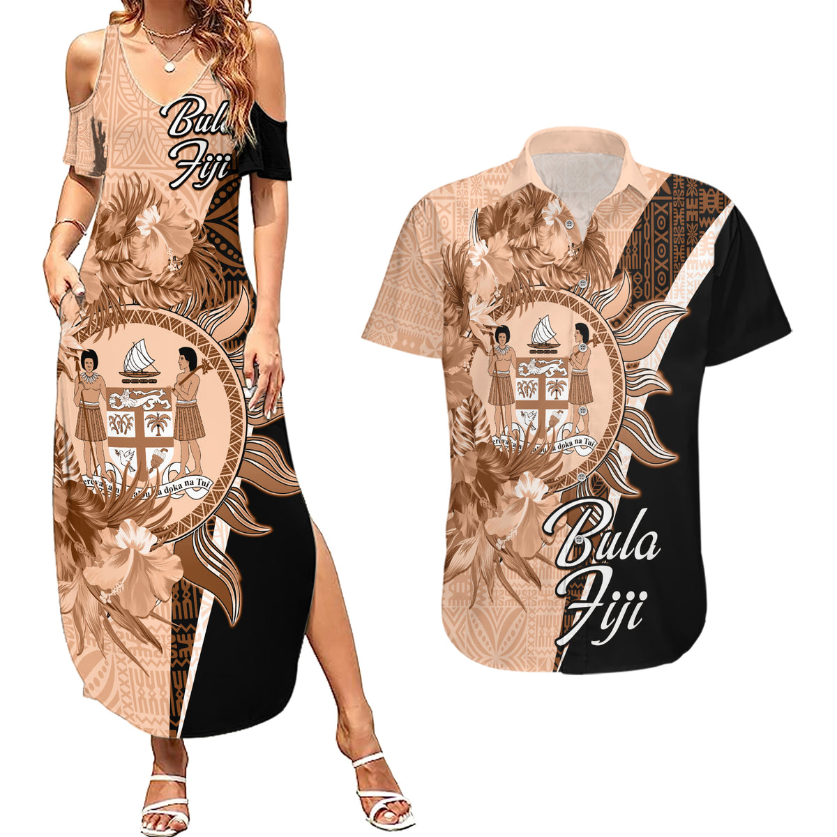 Bula Fiji Vintage Fijian Masi Pattern Couples Matching Summer Maxi Dress and Hawaiian Shirt Peach Fuzz Unique LT9 Peach Fuzz - Polynesian Pride