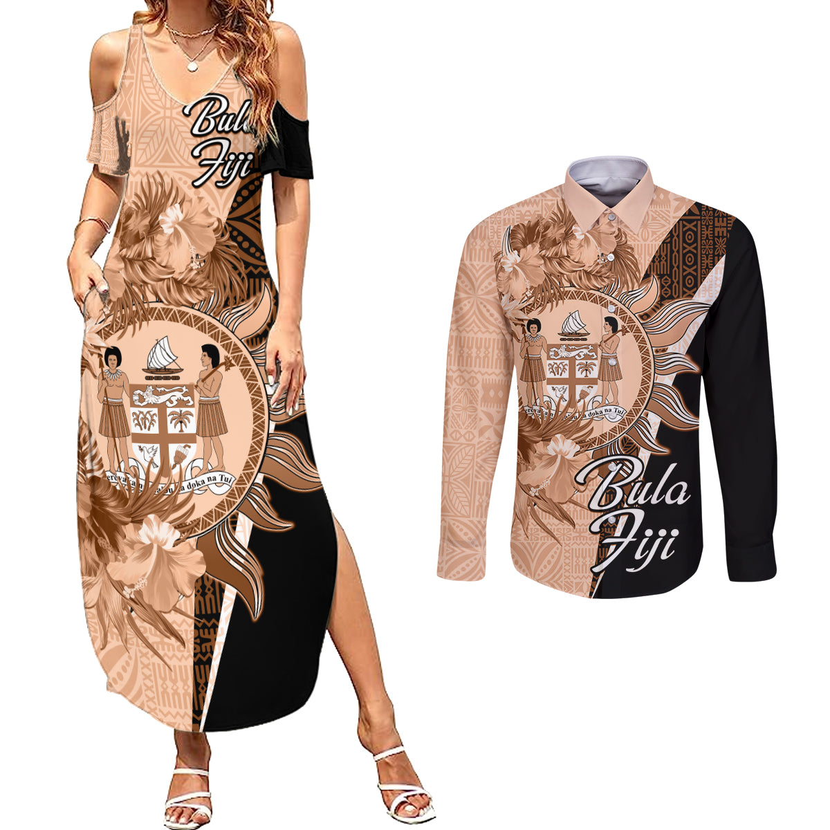 Bula Fiji Vintage Fijian Masi Pattern Couples Matching Summer Maxi Dress and Long Sleeve Button Shirt Peach Fuzz Unique LT9 Peach Fuzz - Polynesian Pride