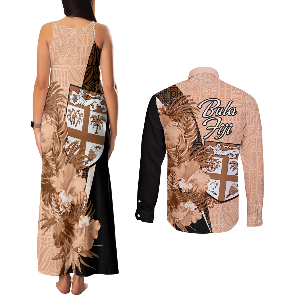 Bula Fiji Vintage Fijian Masi Pattern Couples Matching Tank Maxi Dress and Long Sleeve Button Shirt Peach Fuzz Unique LT9 - Polynesian Pride
