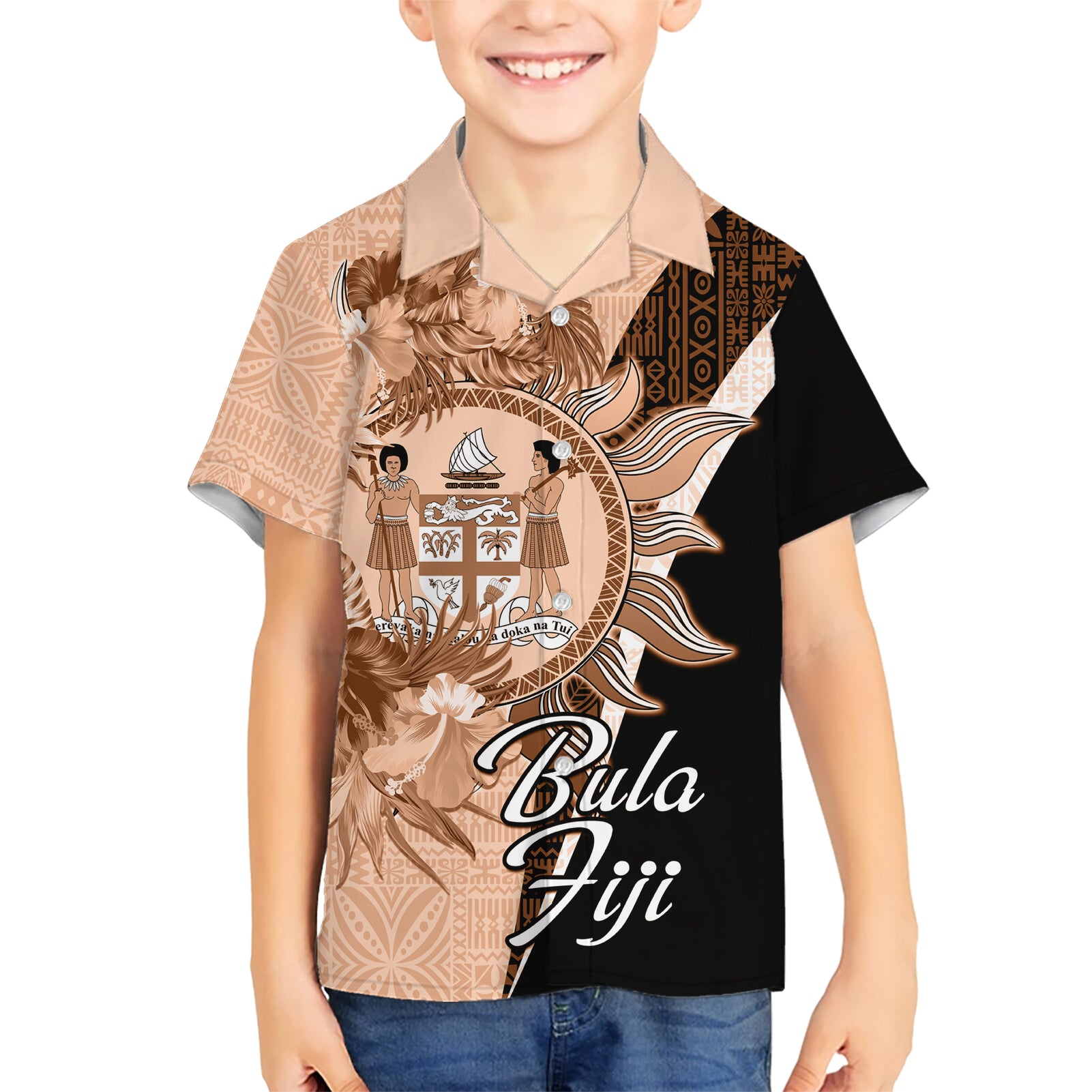 Bula Fiji Vintage Fijian Masi Pattern Kid Hawaiian Shirt Peach Fuzz Unique LT9 Kid Peach Fuzz - Polynesian Pride