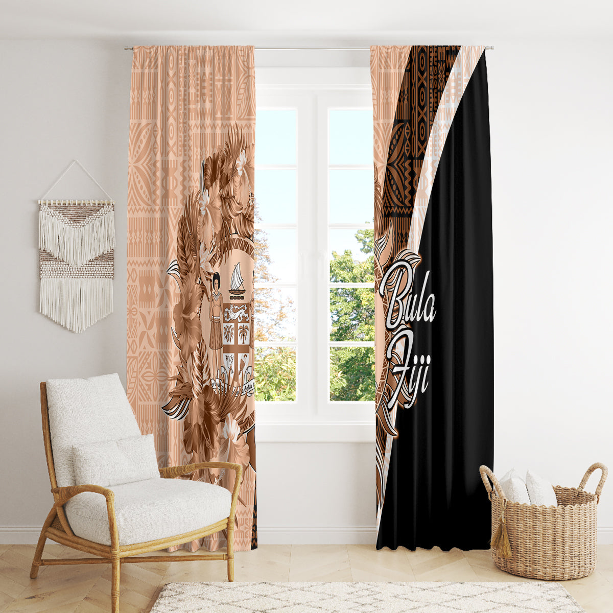 Bula Fiji Vintage Fijian Masi Pattern Window Curtain Peach Fuzz Unique LT9 - Polynesian Pride